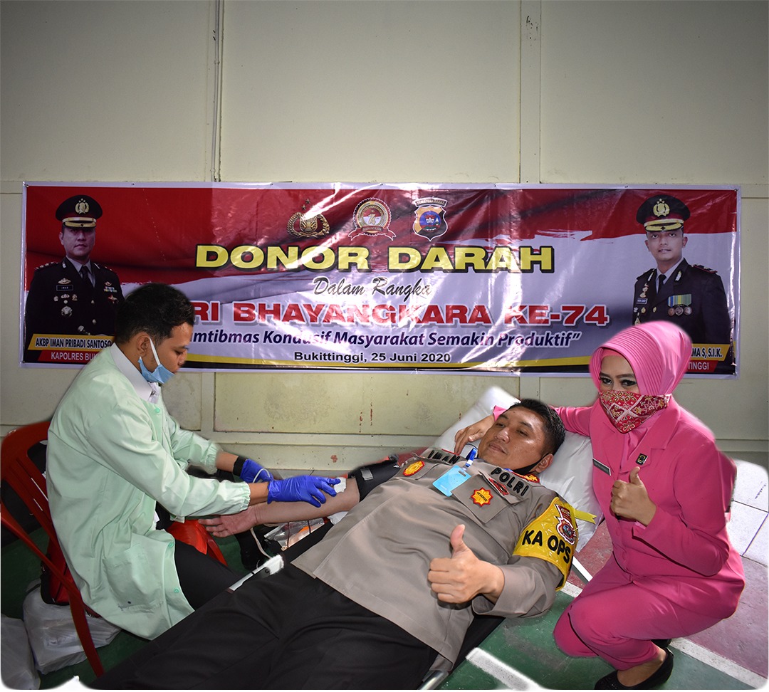 Kapolres Bukittinggi AKBP Iman Pribadi Santoso, Sik, MH ikuti donor danar peringatan hari Bhayangkara ke 74